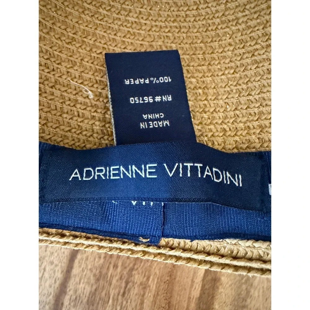Adrienne Vittadini Tan Paper‎ Straw Sun Hat Navy Blue White Ribbon Rhinestones